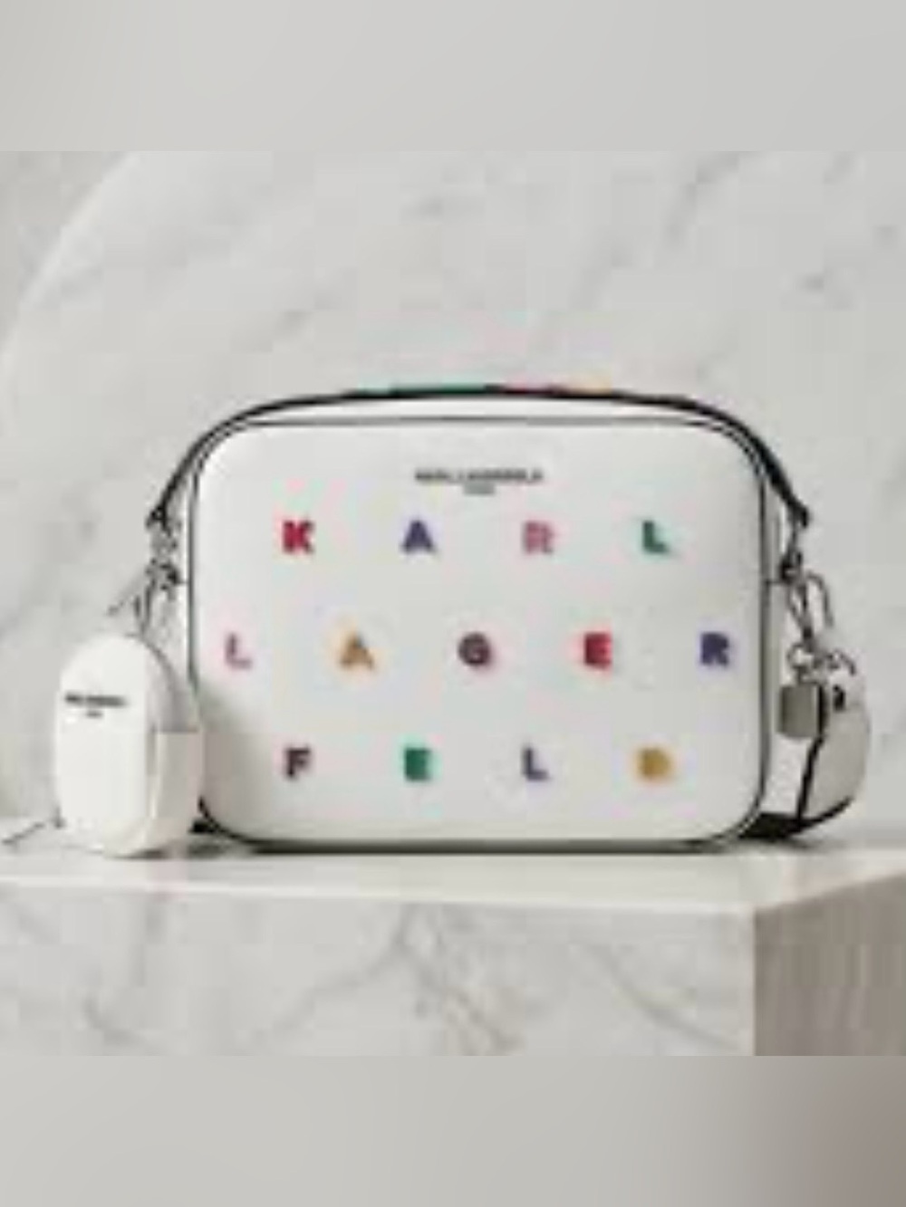 Karl Lagerfeld White Crossbody Bag Multicolor Lettering With Pouch